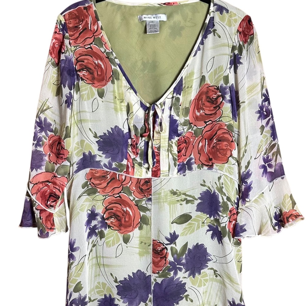 Vintage Nine West Blouse Womens 10 100% Silk Bell Sleeve Floral Grandmacore
